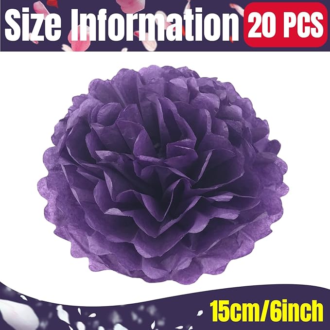 Qimoo 20pcs Dark Purple Paper Pom Poms Decorations, DIY Tissue Paper Flowers Ball for Party Wedding Outdoor Decoration