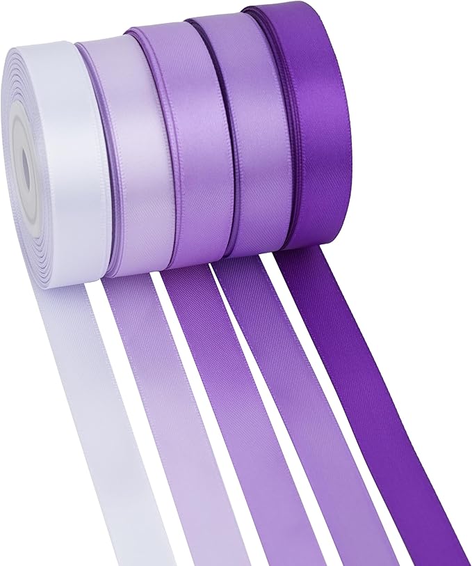 MAYREEL 5 Colors Purple Satin Ribbon 1/2 Inch Thin Ribbon for Gift Wrapping Flower Bouquet Wedding Bridal Shower Crafts Total 50 Yards