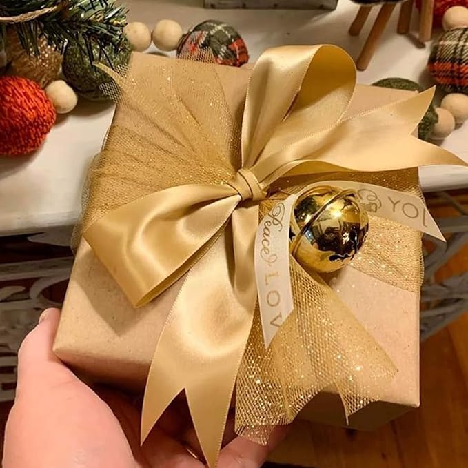 Gold Christmas Ribbon, Gold Black Satin Ribbon 1-1/2 Inch 50 Yards Fabric Ribbons for Christmas Party Decorations, Gift Wrapping, Tree Ornaments, Bouquets, Door Wreaths, Bows Making and DIY Crafts