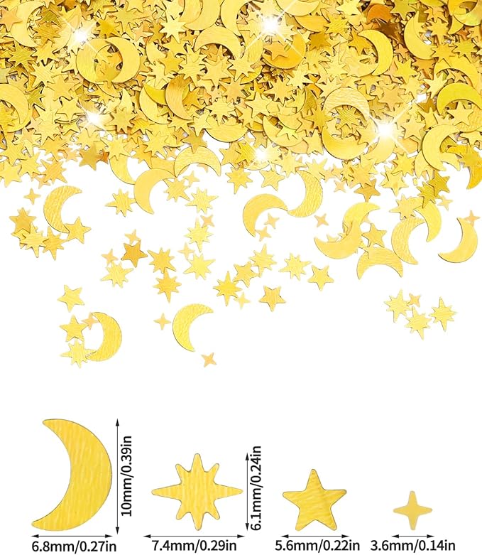 4000 Pcs Star Confetti, Glitter Confetti, Holographic Metallic Star Glitter, Holographic Moon for Party Decorations, Wedding, Birthday, Festival, DIY, Gold, 10mm