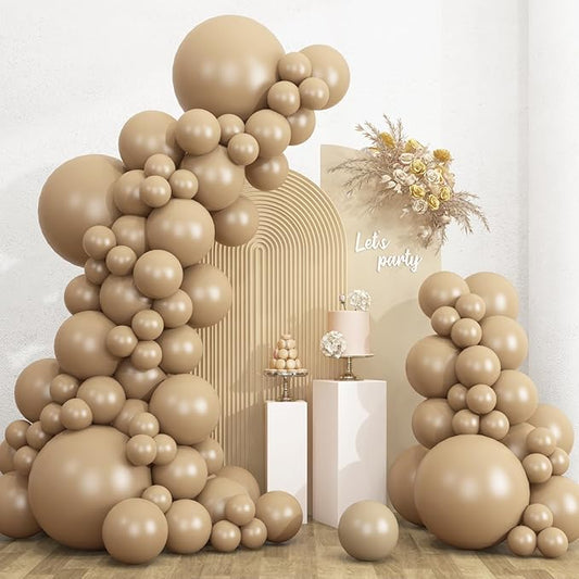 RUBFAC 135pcs Vanilla Brown Balloons, Latex Light Brown Balloon Different Sizes 18 12 10 5 Inch for Garland Arch Wedding Baby Shower Birthday Party Decorations