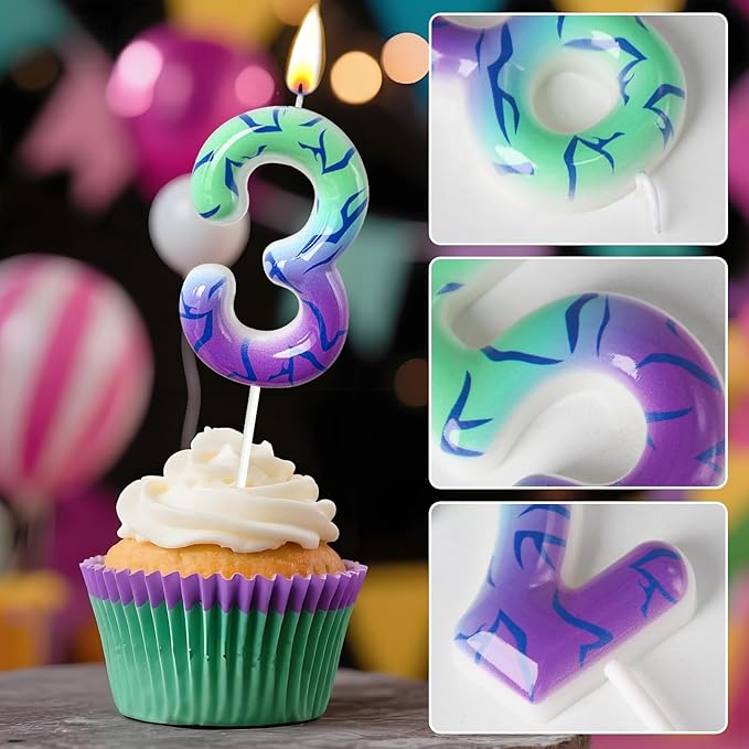 Number 3 Birthday Candle for Cake – Purple Green Gradient Number Candle with Mystic Rune Pattern, Decorative Cake Topper for Anniversary & Celebration