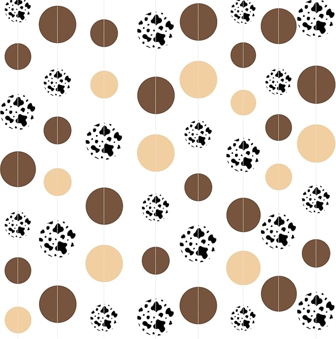 Western Cowboy Party Decorations Brown Khaki Circle Dot with Cow Printed Polka Dots Garland Streamer for My First Rodeo Birthday Baby Shower Wedding Engagement Bachelorette Party Decorations Supplies