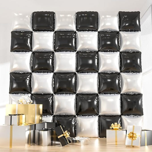 36pcs Double-Sided Black & White Checkered Foil Balloons Backdrop Wall Kit – Reusable Mylar Balloon Tunnel for Racing Car Birthdays, Weddings, Baby Showers, Graduation & Holiday Party Decor