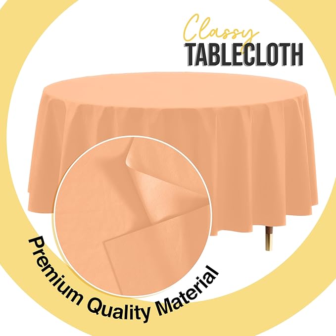 Exquisite 66% Thicker Premium Peach Round Tablecloth 0.5 Mil 6 Pack Plastic Table Cloth Disposable 84 Inch Round Plastic Tablecloth Won't Tear Easily Like Cheap Thin Brands