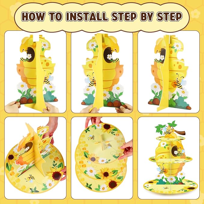 Zopeal 3 Tier Bee Cupcake Stand Party Decorations Sunflower Cupcake Holder Bee Day Themed Cake Holder Stand Yellow Round Summer Dessert Tower for Kids Birthday Baby Shower Party Supplies