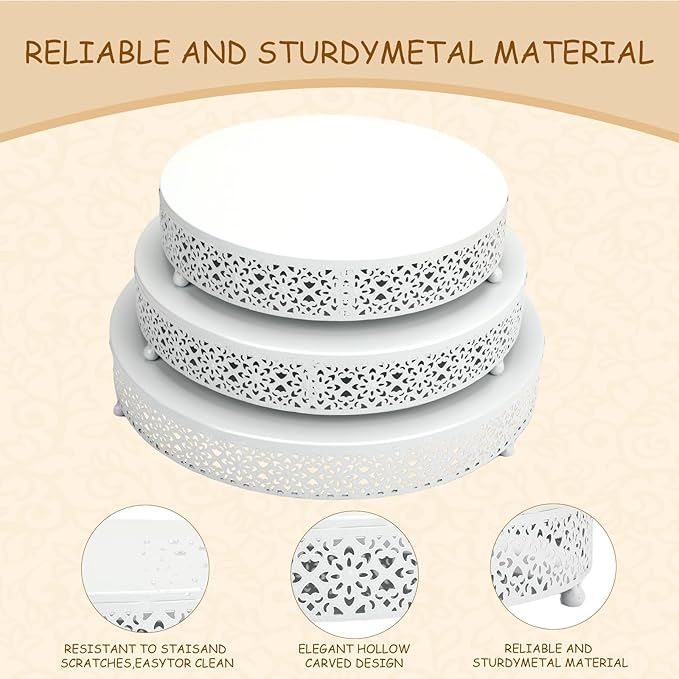 3 Piece Cake Stands Set 16'' 14'' 12'' Round Metal Cake Stands Cupcake Stand Riser Pastry Candy Display Plate for Dessert Table Wedding Event Birthday Anniversary Party (White)