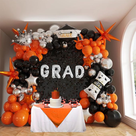 Black orange and silver Balloon Garland Arch Kit 130Pcs with orange and Silver Stars Graduation Certificate Graduation Cap crown GRAD Letters Mylar Balloons for 2025 GRAD Prom Decorations