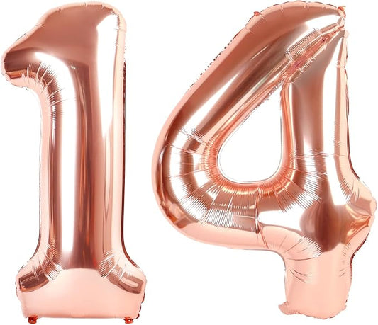 Balloons 14 Number, Large 14th Rose Gold Birthday Decorations for 1 4 14 41, 40 Inch Foil Balloon for Wedding Engagement Photo Shoot Memorial Day's Supplies