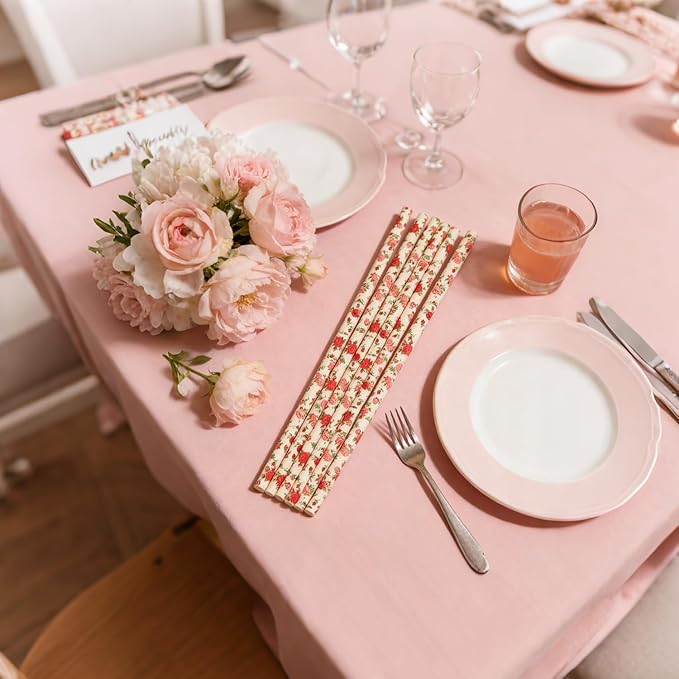 100 Pcs Light Pink With Red Rose Flower Paper Straws, Vintage Green Leaf Floral Drinking Straws, Retro Garden Tea Party Wedding Valentine Spring Celebrations Events Cake Pop Sticks (Flower H001)