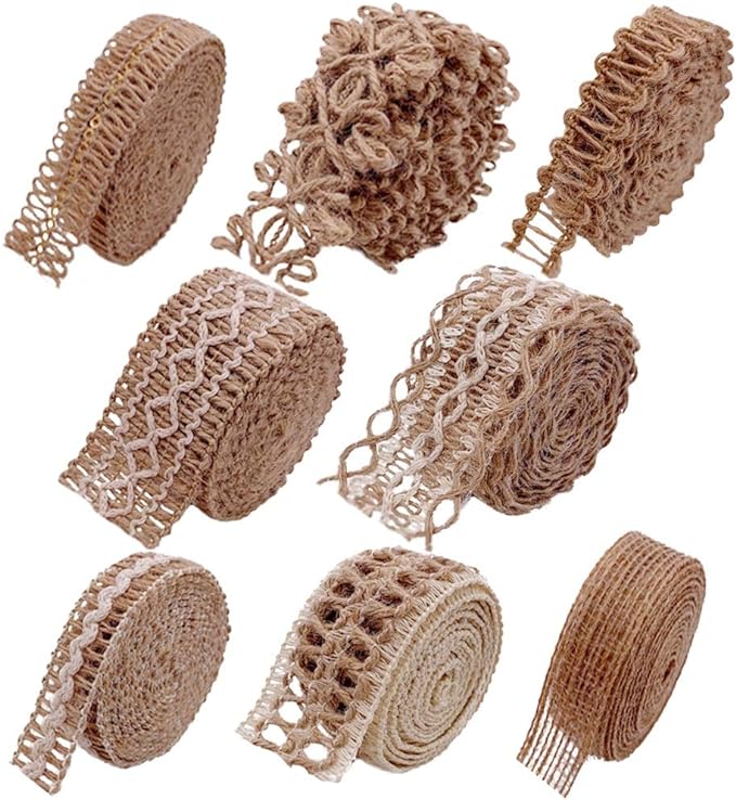 Burlap Ribbons,8 Rolls Burlap Lace Burlap Wedding Ribbon Natural Jute Rope Twine String for Crafts Gift Wrapping Wedding Party Home Decoration(17.6 Yards)