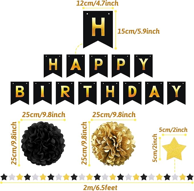 Birthday Decorations for Men, Black and Gold Party Decorations Happy Birthday Banner for Boys Men 40th 50th 60th 70th 80th 90th Party Supplies