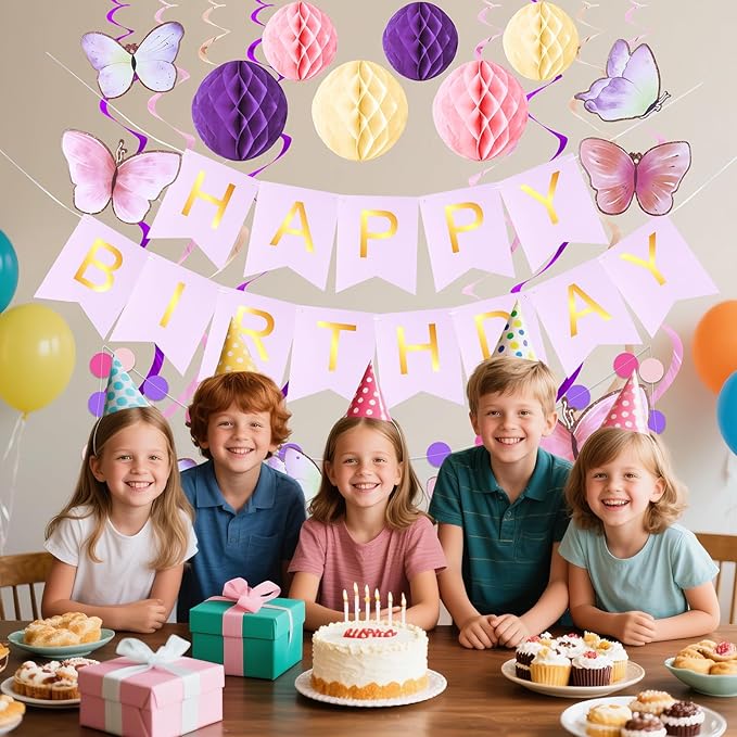 Happy Birthday Banner with Honeycomb Balls, Butterfly Hanging Swirl Streamers, Circle Dots Garland, Happy Birthday Party Decorations for Women Girls