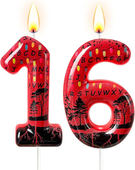 Red Number 16 Birthday Candle for Cake – Dark Horror Style with Alphabet Print & Shadow Design – Unique Cake Topper for Birthday, Anniversary, Themed Party Decoration