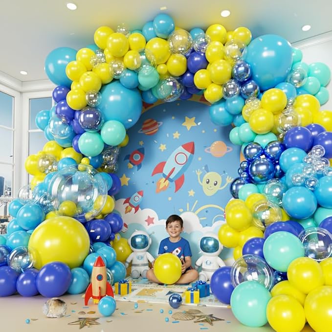 160pcs Cartoon Sponge Balloons Garland Arch Kit, Birthday Decorations Yellow Blue Clear Metallic Blue Teal Balloons and Pineapple Balloon Arch for Cartoon Birthday Baby Shower Party Decor