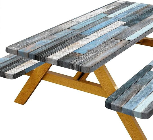 JAWO Picnic Table Cover with Bench Covers Rustic Wood Farmhouse Waterproof Windproof Fitted Outdoor Patio Camping Rectangle Tablecloth Washable 96x30 Inch Elastic Edges Blue Grey