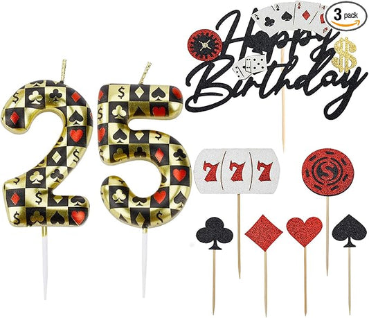 Casino Birthday Number Candles for Cake, Poker Birthday Candles for Casino Themed Birthday Party Decoration, Glitter Casino Birthday Cake Topper for Casino Night Theme Birthday Cake(Number 25 & 52)
