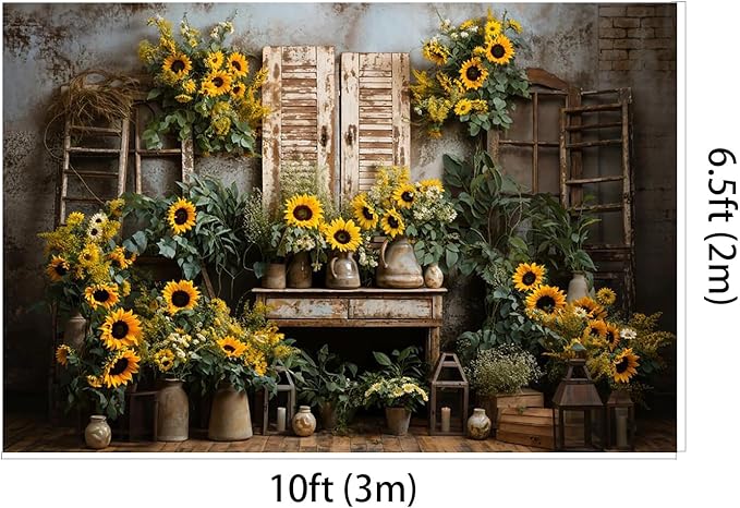 Kate 10x6.5ft Yellow Sunflowers Backdrops for Photography Rustic Brick House Background Bridal Baby Shower Sweet Birthday Party Decoration Studio Backdrop