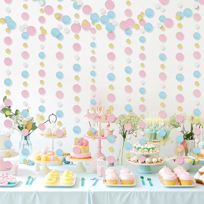 Outus 5 Pieces Pink,Blue,Gold,White Round Dots Garland Graduation Party Hanging Decor Each Length 13.1ft Glitter Paper Dot Streamers for Birthday Wedding Classroom Supplies