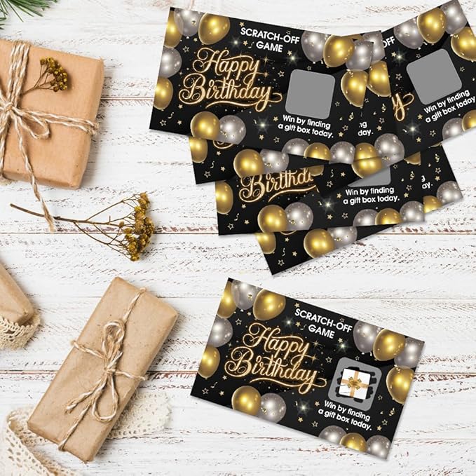50 Pcs Happy Birthday Scratch off Game Cards, Black Golden Balloons Scratch Cards for Birthday Party, Lottery Group Games Activity, Raffle Tickets, Party Supplies