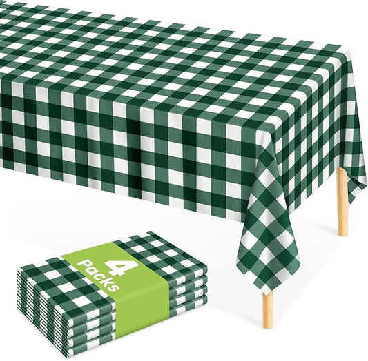 Mulbozy Dark Green Gingham Tablecloth 4 Pack, 54 x 108 Inch Plastic Table Cloth Disposable, Green and White Checkered Table Cover for Party Supplies