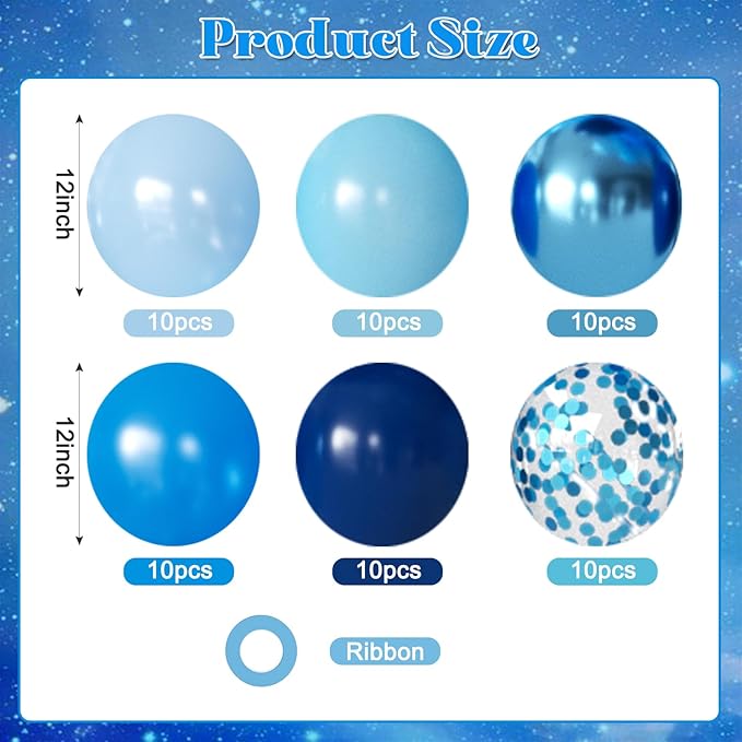 Metallic Blue Balloons, 60Pcs 12Inch Navy Chrome Light Macaron Blue Confetti Balloons for Birthday Baby Shower Wedding Bridal Shower Graduation Decorations