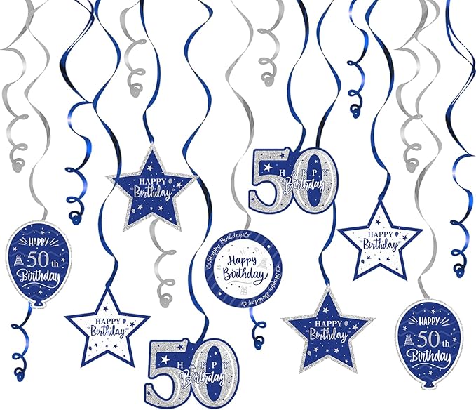 Happy 50th Birthday Blue & Silver Glitter Swirls Streamers Party Decorations - 15 Pcs 50th Birthday Hanging Swirls Streamers Kit,Cheers to Fifty Years Old Bday Party Sign.