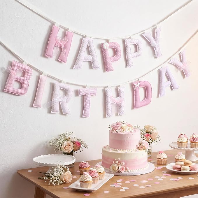 Suncalla Pre-strung Happy Birthday Banner Sign Reusable Felt Happy Birthday Garland Hanging Decorations Party Bunting Garland for Party Decor Photo Pro Home Backdrop(Cute,Pink)