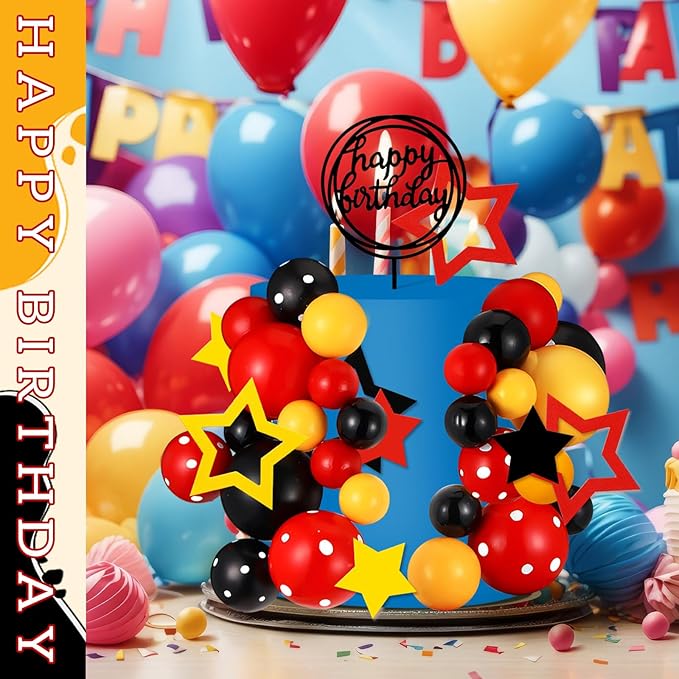 57 Pcs Black Red Yellow Ball Star Cake Topper Set Cartoon Cake Decorations with Flag DIY Insert Topper for One Two Years Happy Birthday Decorations Baby Shower Party Supplies(Happy Birthday)