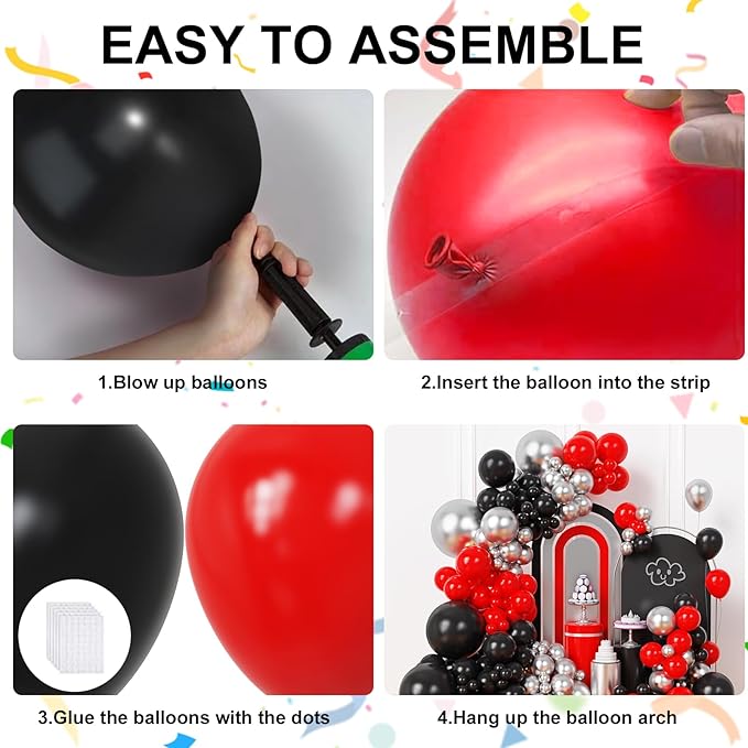 Red and Black Balloons Arch Kit, Red Black and Silver Balloons for Anniversary Birthday Racing Car Poker Party Decoration