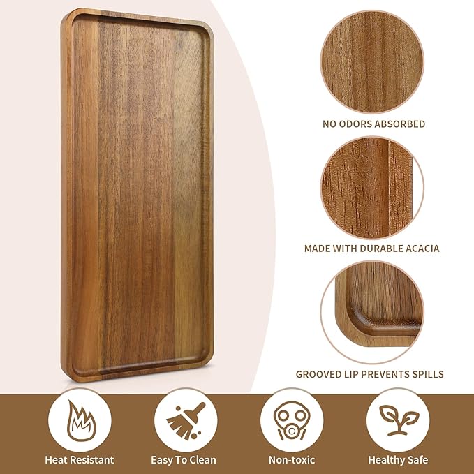 3 pcs 14"x5.3" Solid Acacia Wood Serving Trays Rectangular Wooden Serving Platters Natural Wooden Boards for Bar Coffee Party