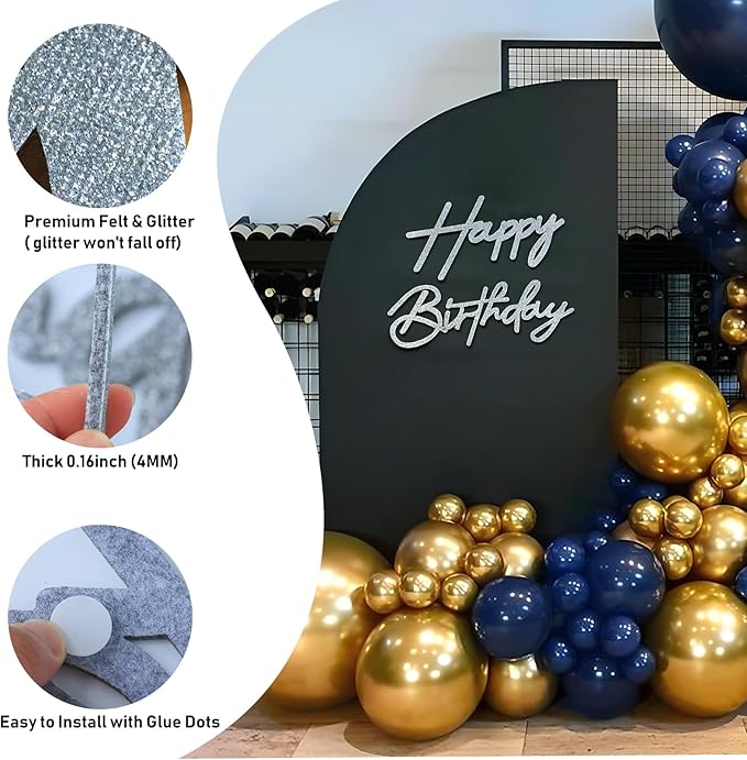 Silver Happy Birthday Sign for Backdrop - Felt Happy Birthday Letters for Balloon Arch Party Wall Decor Large Signs for Boys Girls Women Baby Shower Decorations