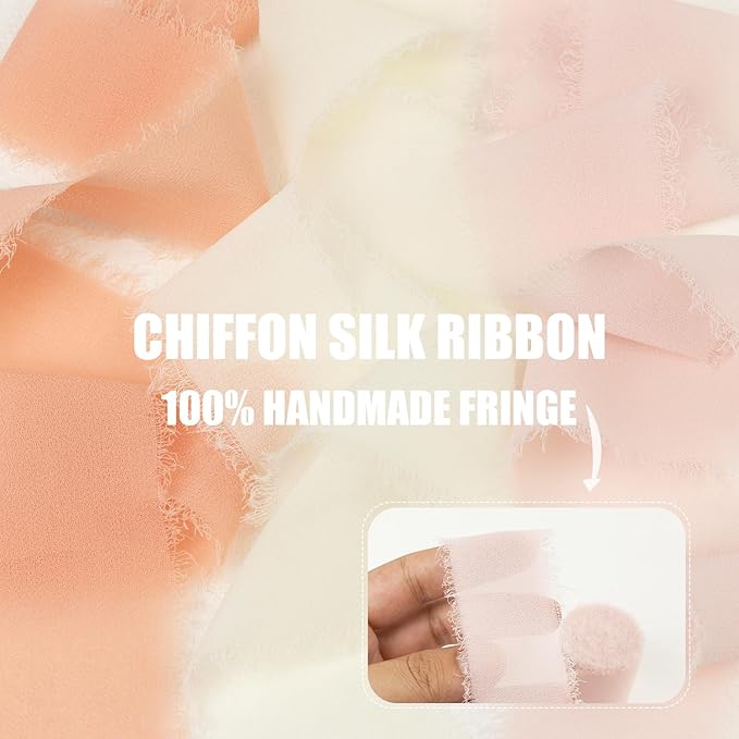 Peach Pink Chiffon Ribbon 1.5 Inch x 21Yds Handmade Fringe Chiffon Silk Ribbon Peach/Pink/Ivory Frayed Chiffon Ribbon for Wedding Invitation Flower Bouquets Gift Wrapping Bridal Shower Baby Shower