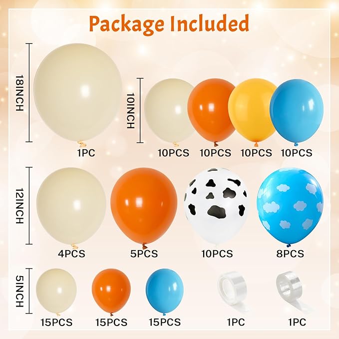Toy Kids Balloons Arch Kit, Burnt Orange Blue Mustard Yellow Balloon Garland as It's A Story Boy Baby Shower Decorations, Cow Cloud Print Balloons Nude Balloon for First Birthday Party Supplies