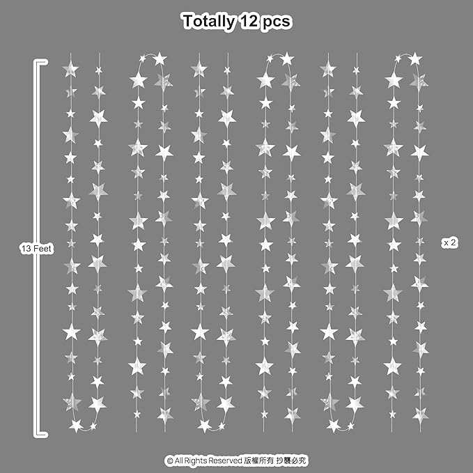 Cheerland 157ft Silver Star Garland Star Party Decorations Hanging Stars Prom Decoration 2026 Graduation Decor Paper Stars Streamer Banner Backdrop Shiny Starry Night Twillight Birthday Party Supplies