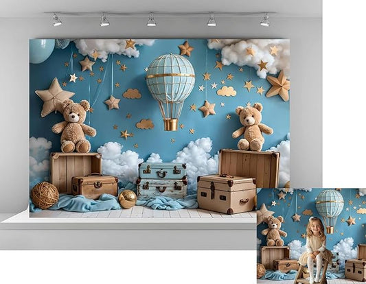 Kate 7x5ft Sweet 1st Birthday Party Backdrops for Photography Hot Air Balloon Microfiber Background Toy Bear Cloud Backgrounds Baby Birthday Party Cake Smash Studio Backdrop