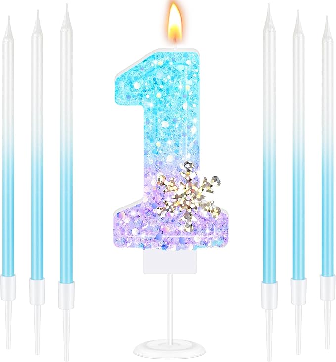 MTLEE Number 1 Birthday Candle Blue Snowflake with 6 Long Thin Cupcake Candles Blue Sparklers Glitter Number Happy Birthday Cake Topper Decorations for Winter Party Supplies