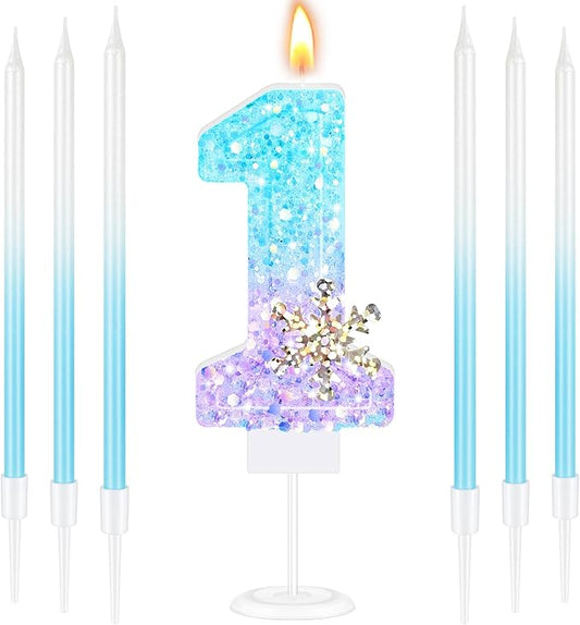 MTLEE Number 1 Birthday Candle Blue Snowflake with 6 Long Thin Cupcake Candles Blue Sparklers Glitter Number Happy Birthday Cake Topper Decorations for Winter Party Supplies