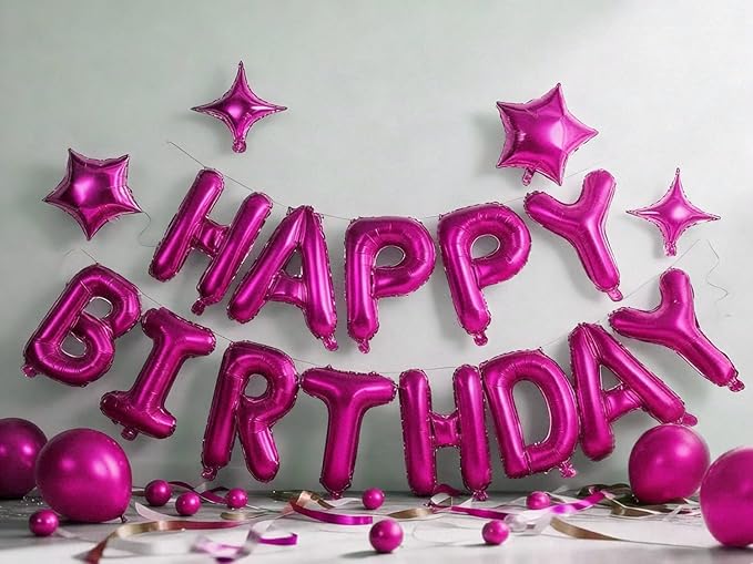 Hot Pink Happy Birthday Banner Balloon Aluminum Foil 16 Inch Letter,10 Inch Five Pointed Star Four Pointed Star Suitable for Kids, Men, Women, Boys and Girls Party Decoration Supplies