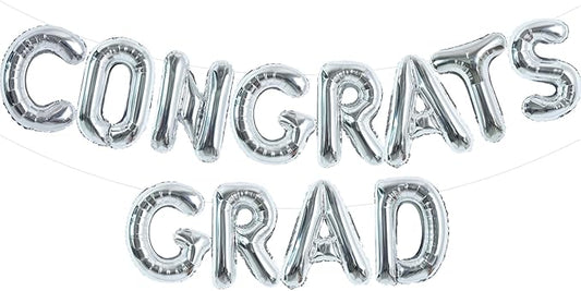 TONIFUL 2026 Congrats Grad Balloons - 16 Inch Silver Congrats Foil Balloons Banner Reusable Material for Graduation Party Graduate Congratulations 2026 Congrats Grad Decorations