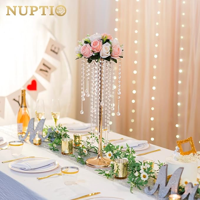 NUPTIO Wedding Centerpieces Gold Vases: 2 Pcs 21.7in Tall Crystal Flower Vase Metal Flowers Stand for Party Tables Decorations - Elegant Bulk Weddings Decoration Table Chandelier Centerpiece Stands
