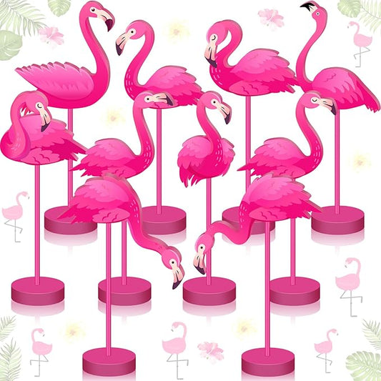 Geelin 10 Pcs Flamingo Table Decor Summer Pink Flamingo Party Decoration Table Sign Centerpiece Hawaiian Tropical Wood Tall Standing Block Bird Topper Sign for Office Desk Home Tier Tray Holiday Party