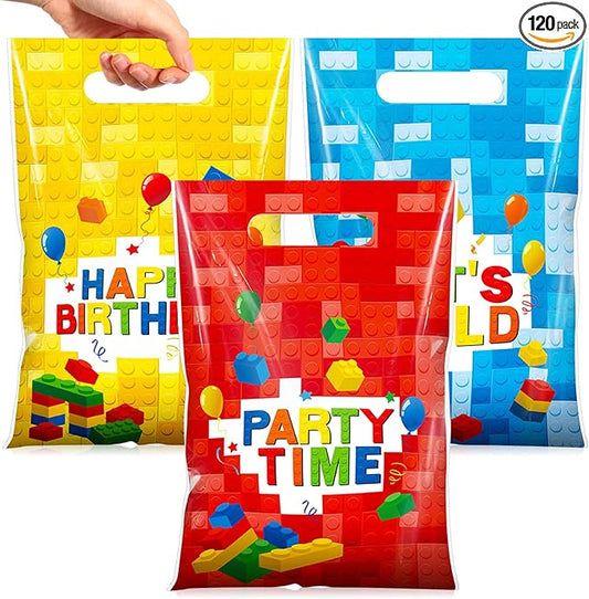 Resurhang 120 Pcs Building Block Birthday Party Favor Bags Bulk 6.5x9.8 Inch Plastic Building Bricks Goodie Treat Gift Bag Funny Candy Cookie Tote for Birthday Decoration Supplies Baby Shower Wrapping
