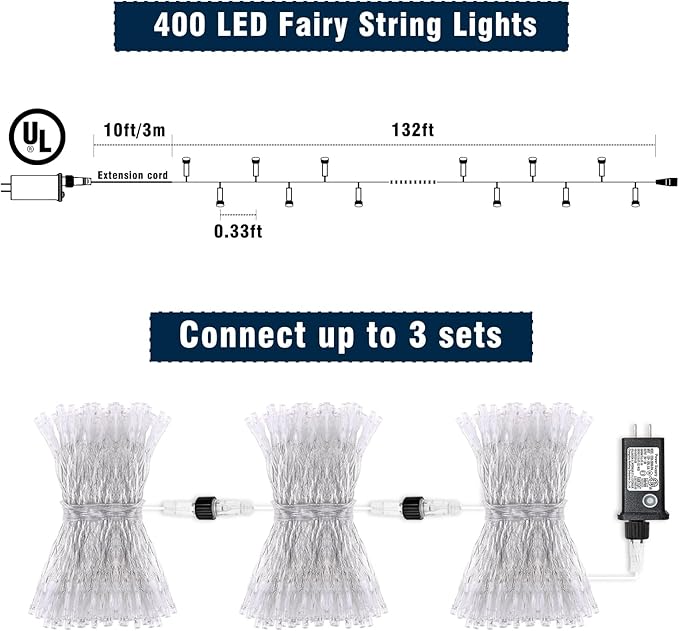 Christmas Lights Indoor Outdoor, 132ft 400 LED Christmas String Lights Indoor 8 Modes Clear Wire, Plug in Waterproof Twinkle Fairy Lights for Bedroom Tree Christmas Decorations, Multicolor
