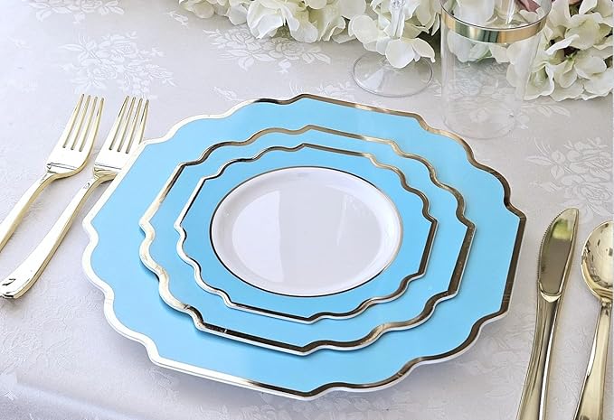" OCCASIONS " 240 Plates Pack (120 Guests) Heavyweight Wedding Party Disposable Plastic Plates Set -120 x 10.5'' Dinner + 120 x 8'' Salad/Dessert Plate (Imperial Aqua/Gold)