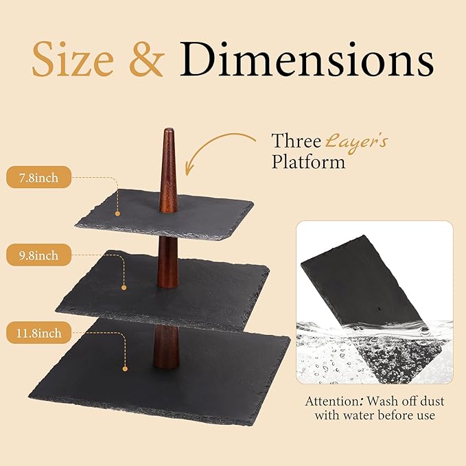 3 Tier Serving Tray 3 Tier Cupcake Stand Cupcake Stand Modern and Rustic Dessert Table Display,Slate & Acacia Wood Tiered Tray Serving Food Fruit Tray for Wedding Birthday Baby Shower