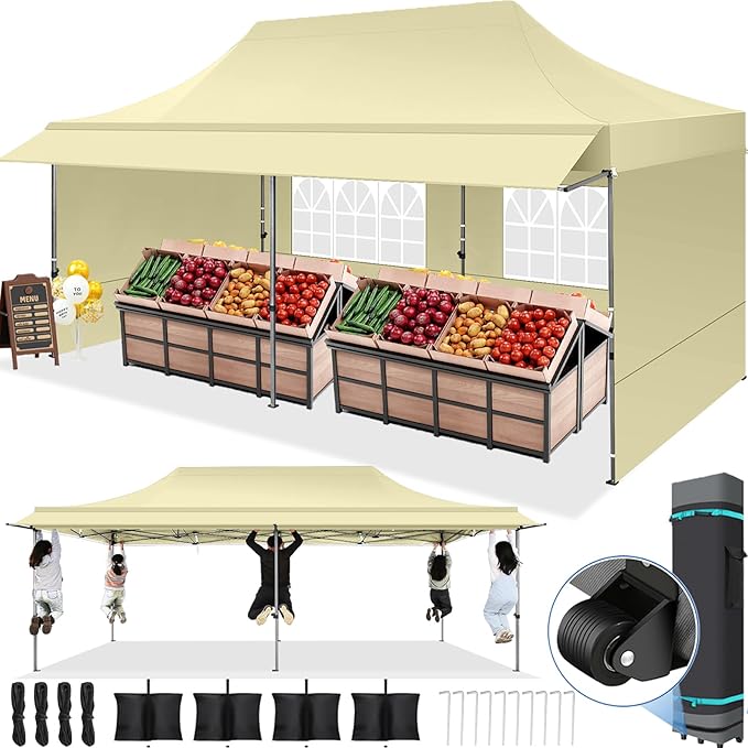 COBIZI 10x20 Pop Up Canopy Tent Heavy Duty with Awning, Outdoor Commercial Canopy with Sidewalls, Waterproof UPF 50+ All Season, Vendor Tent for Market and Party, Khaki