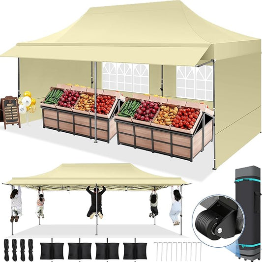 COBIZI 10x20 Pop Up Canopy Tent Heavy Duty with Awning, Outdoor Commercial Canopy with Sidewalls, Waterproof UPF 50+ All Season, Vendor Tent for Market and Party, Khaki