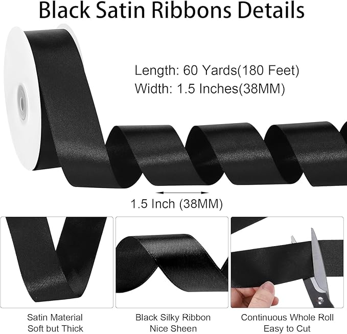 woric Black Ribbon 1 1/2 inch 60 Yards Satin Crafts Fabric Ribbon for Mothers Day Graduation Leis Gift Wrapping Flower Bouquet Crafts Bows Making Party Clothes Decorations