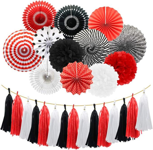 Mouse Ladybug Pirate Birthday Party Decorations, Red White Black Hanging Paper Fans Pom Poms Flowers Tissue Tassel Garland for BBQ Graduation Retirement Halloween